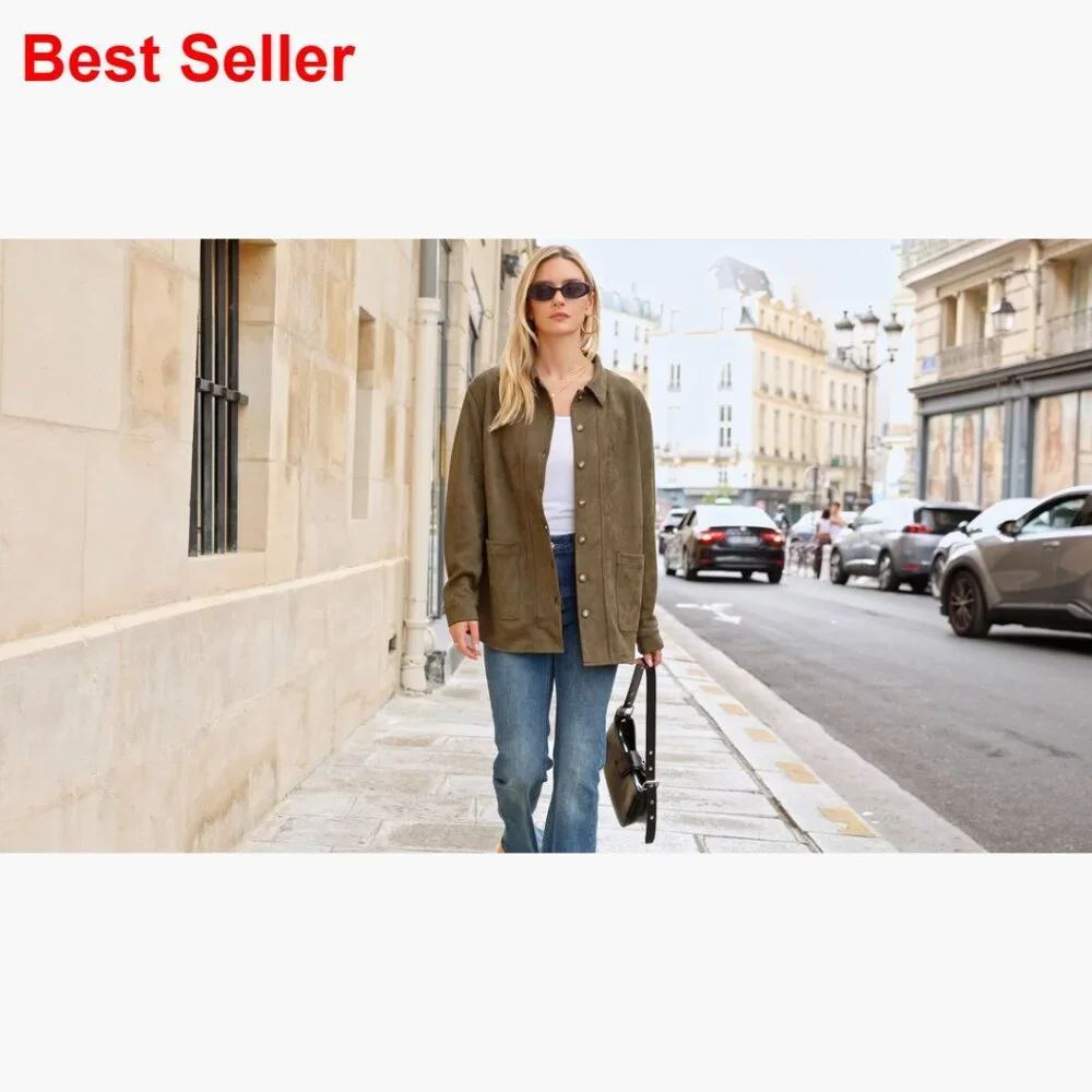 Faux Suede Jacket Long Sleeve Button Down Relaxed Fit Trench Coat - Picture 7 of 7